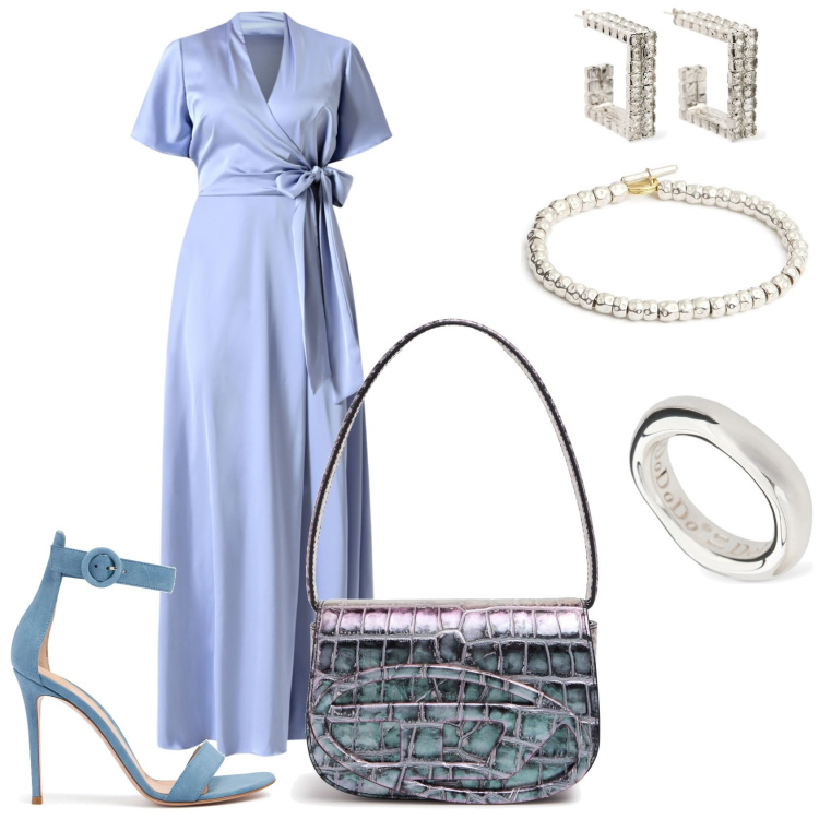 Outfit donna - Matrimonio elegante. Stile Chic per Cerimonia. Abbinamento con vestiti lunghi, borse a spalla, orecchini, braccialetti, anelli, sandali in pelle.