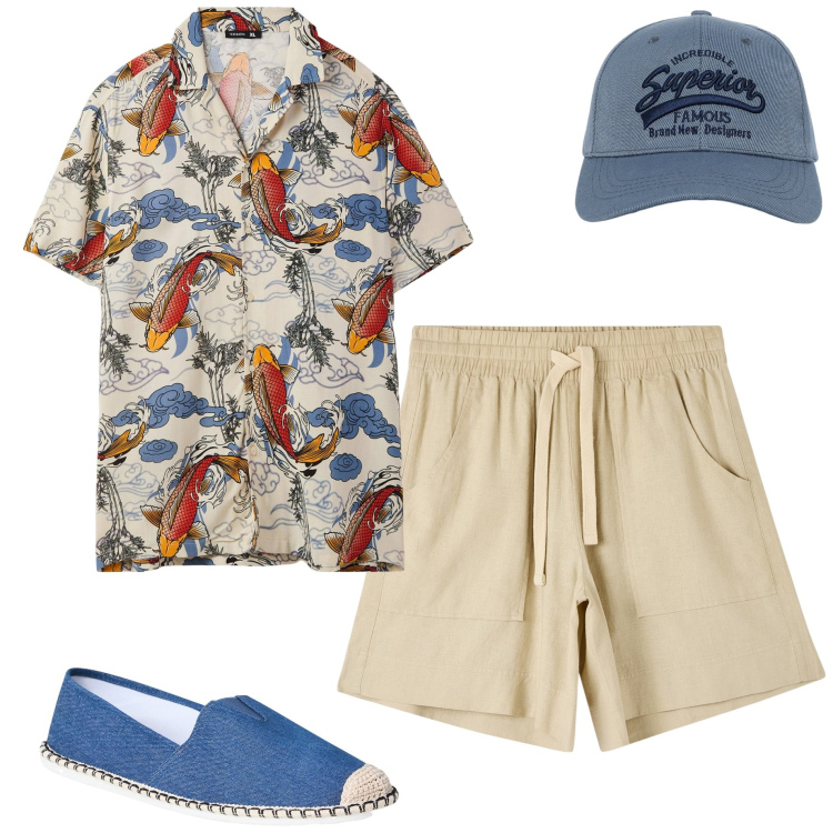 Outfit uomo - Casual look. Stile Casual per Tutti i giorni. Abbinamento con bermuda, espadrillas, cappelli con visiera, camicie a manica corta.