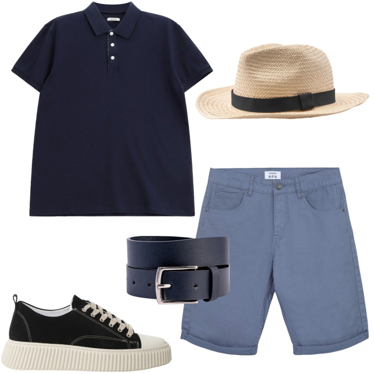 Outfit uomo - In città. Stile Casual per Tutti i giorni. Abbinamento con bermuda, sneakers, polo, cinture, cappelli.