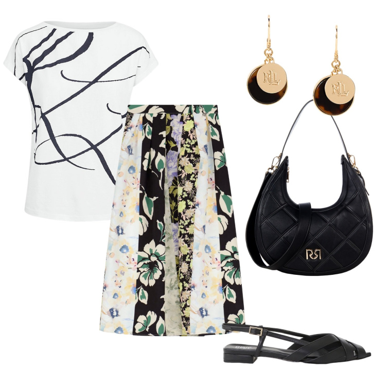 Outfit donna - Total look #2211006. Stile Casual chic per Tutti i giorni. Abbinamento con borse a tracolla, sandali, gonne lunghe, maglieria, orecchini.