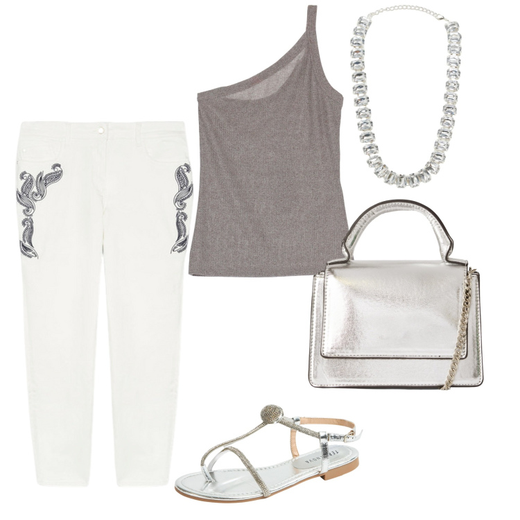 Outfit donna - Serata estiva. Stile Trendy per Tutti i giorni. Abbinamento con borse a tracolla, ciabatte, collane, top, pantaloni.