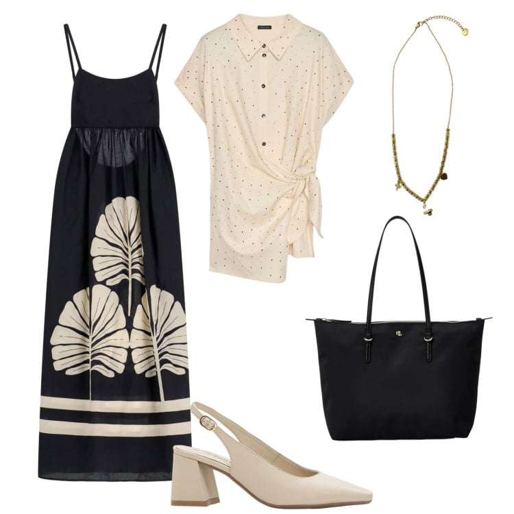 Outfit donna - Total look #2211010. Stile Casual chic per Tutti i giorni. Abbinamento con décolleté, ciondoli, vestiti lunghi, borse tote, camicie a manica corta.