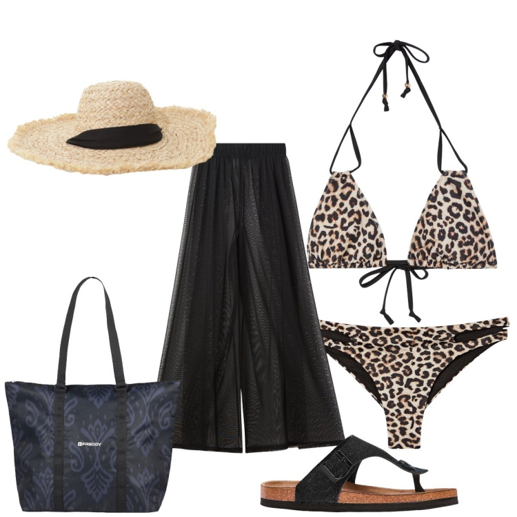 Outfit donna - Bikini animalier. Stile Glamour per Mare. Abbinamento con infradito, bikini, pantaloni a palazzo, bikini, cappelli, shopping bag.