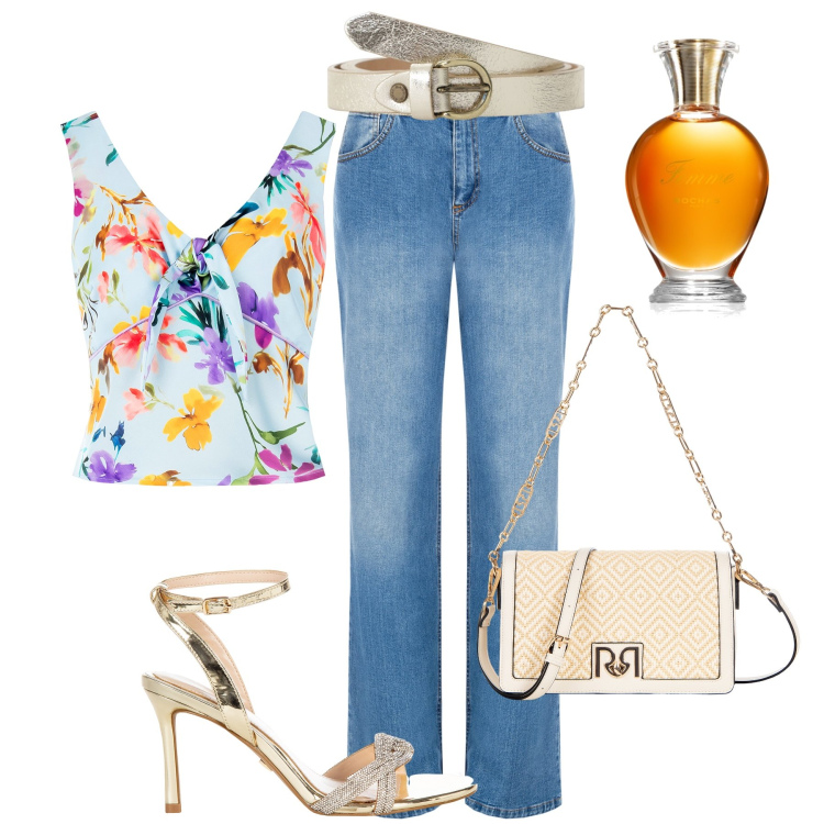 Outfit donna - Jeans e tacchi aperitivo/cena. Stile Casual chic per Serata fuori. Abbinamento con profumi, jeans, top, sandali col tacco, borse a tracolla, cinture.