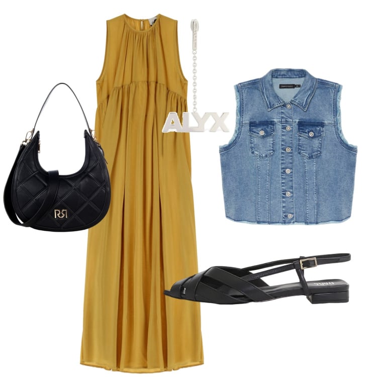 Outfit donna - Total look #2211017. Stile Minimal per Tutti i giorni. Abbinamento con borse a tracolla, vestiti lunghi, sandali, gilet, orecchini.