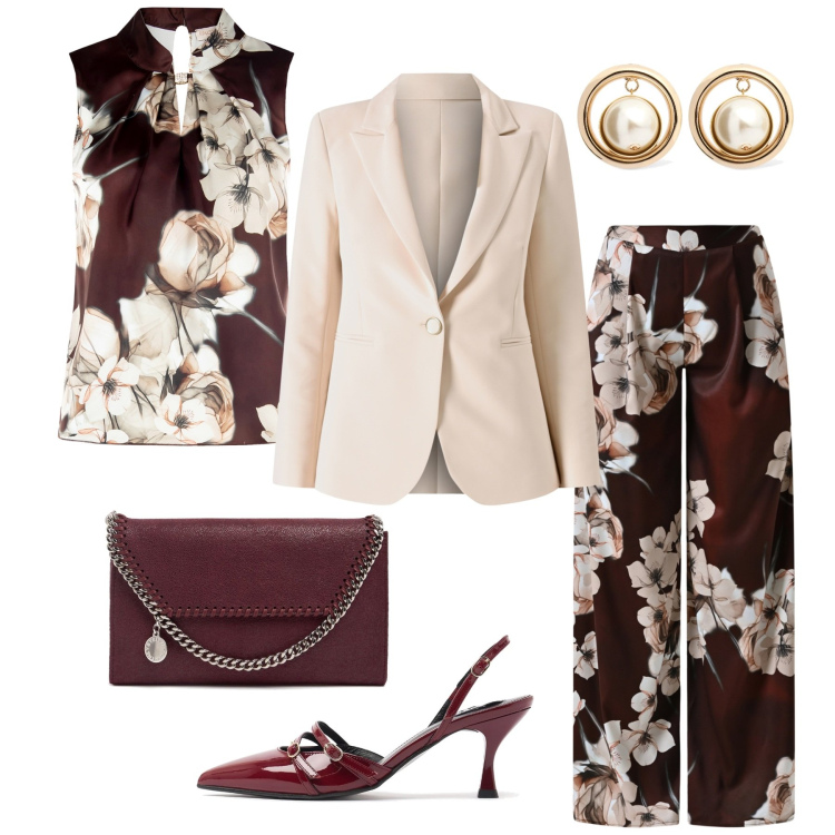 Outfit donna - Cerimonia di fine settembre. Stile Chic per Cerimonia. Abbinamento con pantaloni a palazzo, top, blazer, orecchini, décolleté, pochette.