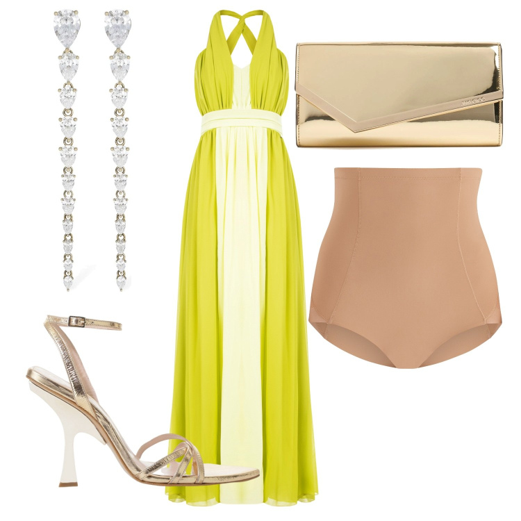 Outfit donna - Serata elegante. Stile Chic per Cerimonia. Abbinamento con culotte, vestiti lunghi, sandali col tacco, orecchini, pochette.