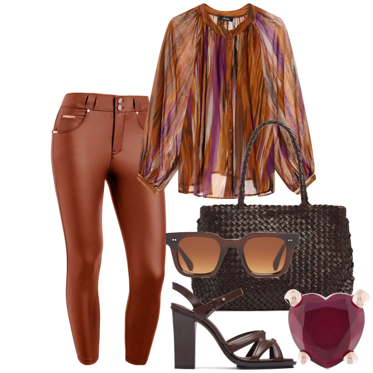 Outfit donna - Pensando a settembre. Stile Glamour per Ufficio. Abbinamento con pantaloni skinny, camicie, orecchini, occhiali da sole, sandali in pelle, shopping bag.