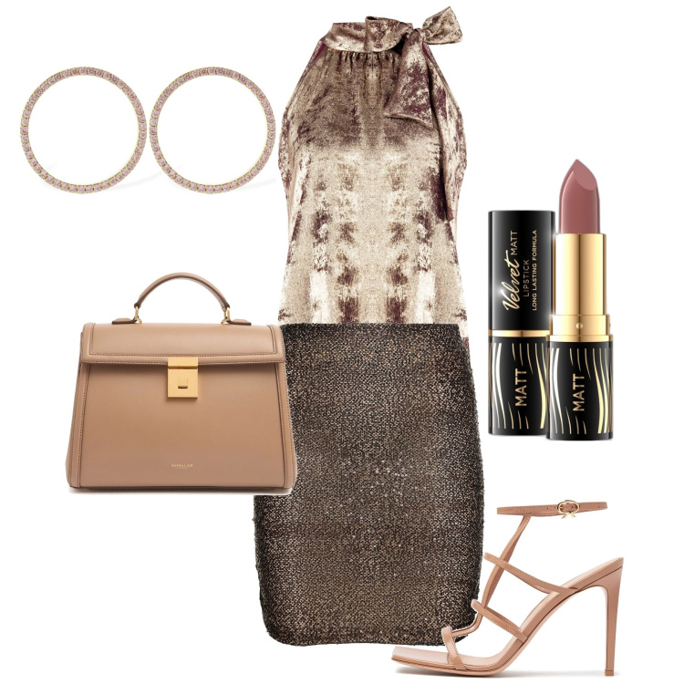 Outfit donna - Occasioni speciali. Stile Chic per Serata fuori. Abbinamento con rossetti, top, orecchini, minigonne, sandali in pelle, borse a mano.
