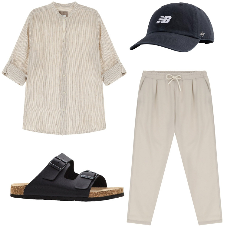Outfit uomo - Viaggio estivo, valigia leggera. Stile Trendy per Tutti i giorni. Abbinamento con sandali, cappelli con visiera, pantaloni, camicie.