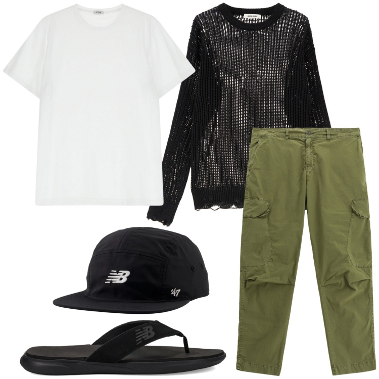 Outfit uomo - La t-shirt oversize monocromatica. Stile Trendy per Tutti i giorni. Abbinamento con sandali, cappelli con visiera, pantaloni cargo, maglieria, t-shirt.