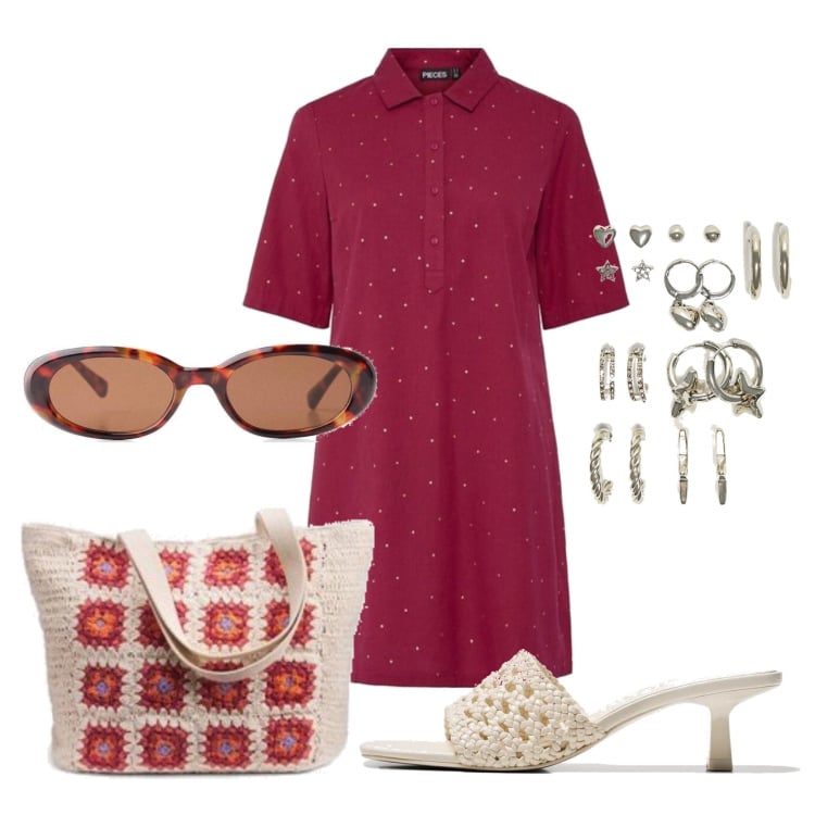 Outfit mujer - Boho #2121. Estilo Boho para Todos los días. Combinación con vestidos camiseros, bolso tote, pendientes, gafas de sol, sandalias de tacón.
