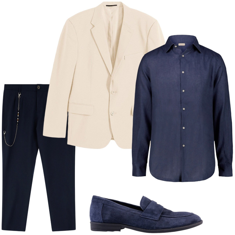Outfit uomo - Serata estiva elegante: blazer destruttu. Stile Trendy per Serata speciale. Abbinamento con giacche, pantaloni, camicie, scarpe stringate.