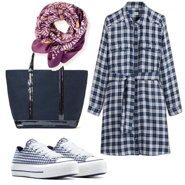 Outfit mujer - Preppy #506. Estilo Preppy para Todos los días. Combinación con sneakers, bandas para el pelo, vestidos camiseros, bolso tote.