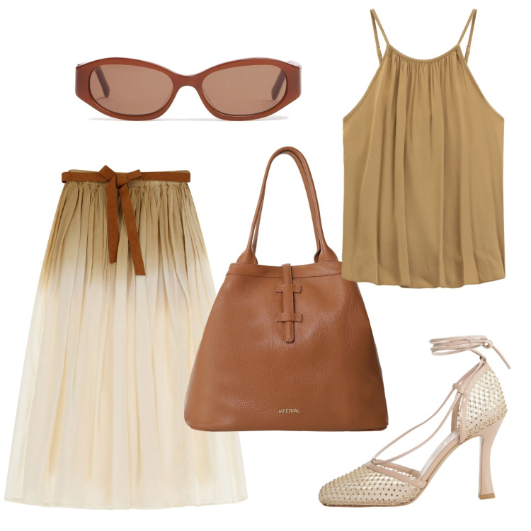 Outfit donna - Richiami retrò. Stile Vintage retrò per Tutti i giorni. Abbinamento con borse tote, gonne lunghe, décolleté, top, occhiali da sole.