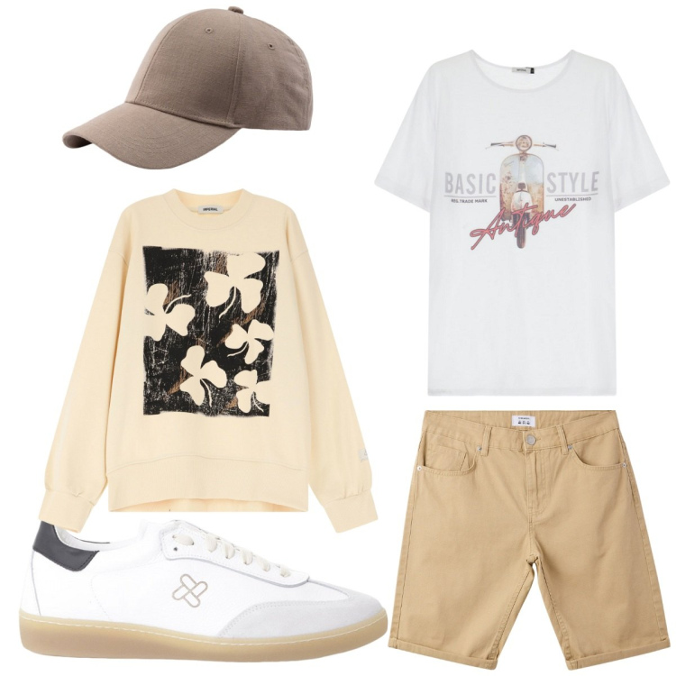 Outfit uomo - Una serata fresca. Stile Casual per Tutti i giorni. Abbinamento con felpe, sneakers, t-shirt, bermuda, cappelli con visiera.