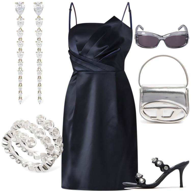 Outfit donna - Cerimonia in blu. Stile Chic per Cerimonia. Abbinamento con vestiti corti, sandali in pelle, borse a mano, orecchini, anelli, occhiali da sole.