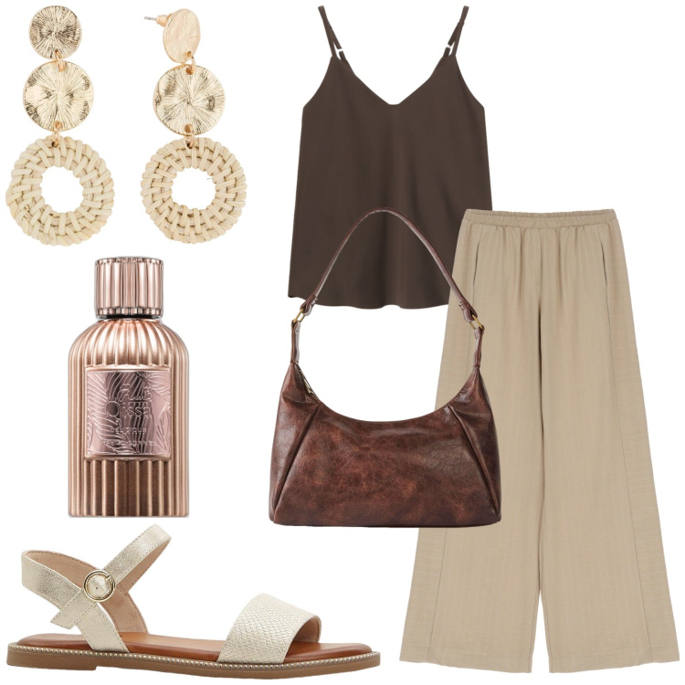 Outfit donna - Total look #2211063. Stile Casual per Tutti i giorni. Abbinamento con borse a mano, sandali, orecchini, profumi, pantaloni, top.