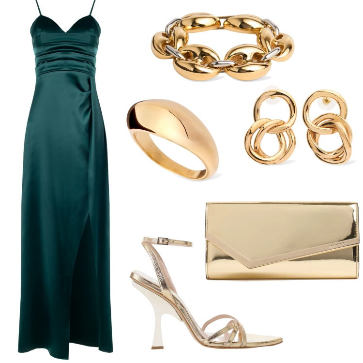 Outfit donna - Green & gold. Stile Glamour per Serata fuori. Abbinamento con vestiti lunghi, sandali col tacco, pochette, braccialetti, orecchini, anelli.