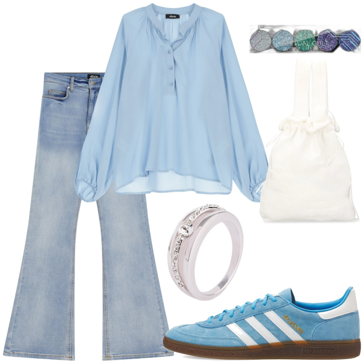 Outfit donna - Jeans a zampa. Stile Casual per Tutti i giorni. Abbinamento con anelli, ombretti, camicie, jeans a zampa, borse a mano, sneakers.