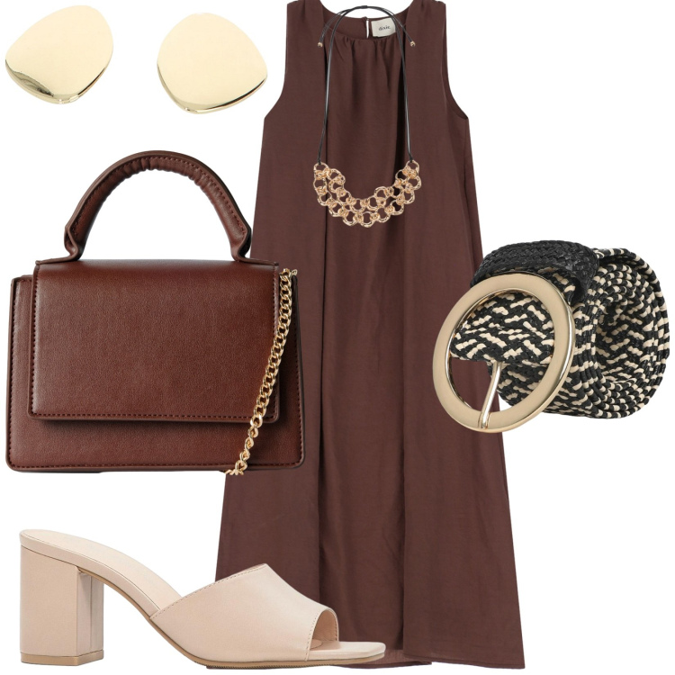 Outfit donna - Total look #2211068. Stile Casual chic per Tutti i giorni. Abbinamento con sandali col tacco, borse a tracolla, cinture, vestiti lunghi, orecchini, collane.