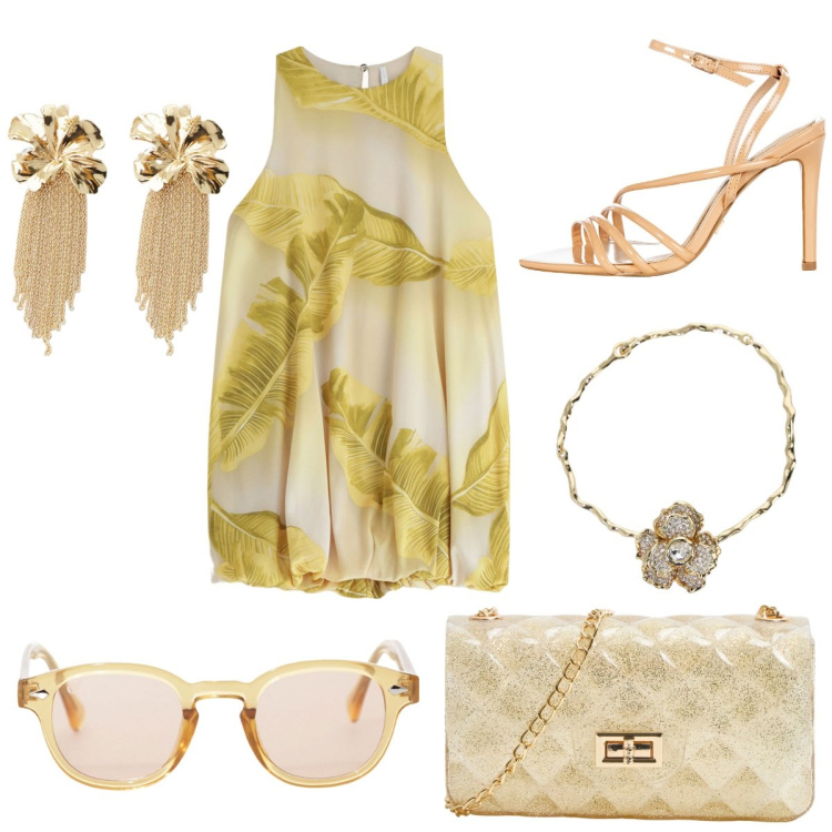 Outfit donna - Glamour al mare. Stile Glamour per Serata fuori. Abbinamento con borse a tracolla, sandali col tacco, occhiali da sole, vestiti corti, collane, orecchini.