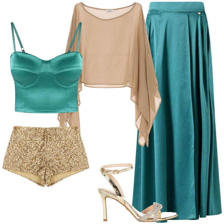Outfit donna - Cena elegante e la serata ..... Stile Glamour per Serata fuori. Abbinamento con gonne lunghe, canottiere, sandali col tacco, shorts, camicie.