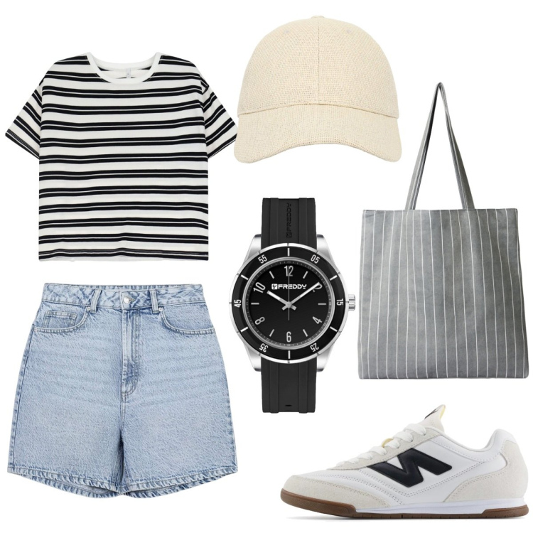 Outfit donna - Total look. Stile Casual per Mare. Abbinamento con bermuda, cappelli con visiera, shopping bag, sneakers, t-shirt, orologi.