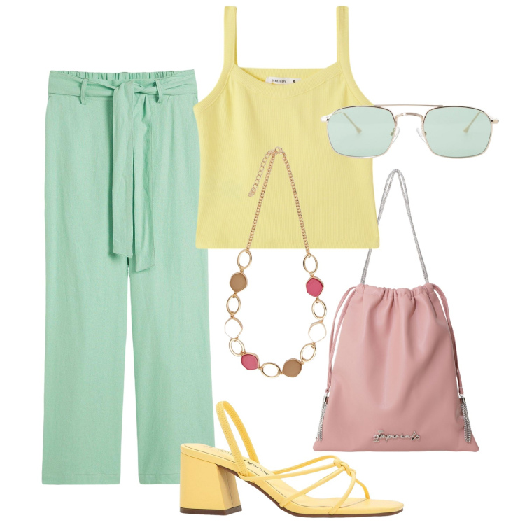 Outfit donna - Pastello con i pantaloni culotte. Stile Trendy per Tutti i giorni. Abbinamento con pantaloni, sandali col tacco, canottiere, borse a secchiello, occhiali da sole, collane.
