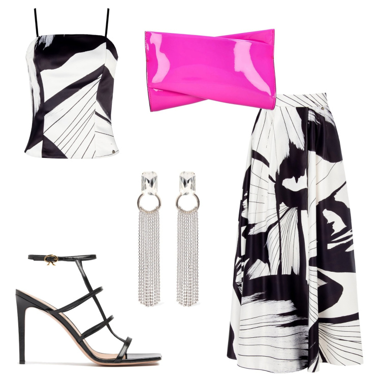Outfit donna - Un tocco di fucsia. Stile Casual per Tutti i giorni. Abbinamento con gonne lunghe, canottiere, pochette, orecchini, sandali in pelle.