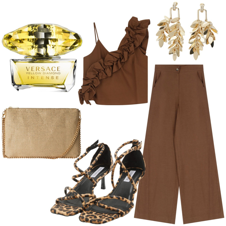 Outfit donna - Total look #2211083. Stile Casual chic per Serata fuori. Abbinamento con profumi, sandali col tacco, borse a tracolla, top, pantaloni, orecchini.