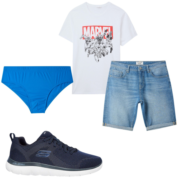 Outfit uomo - Total look #2211084. Stile Casual per Mare. Abbinamento con sneakers, bermuda, t-shirt, costumi.
