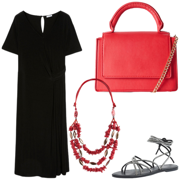 Outfit donna - Corallo. Stile Casual chic per Tutti i giorni. Abbinamento con borse a tracolla, sandali alla schiava, vestiti midi/longuette, collane.