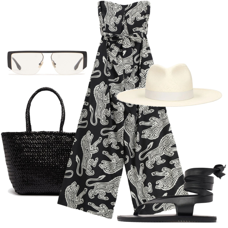 Outfit donna - Aperitivo al mare o in città. Stile Casual chic per Tutti i giorni. Abbinamento con tute, borse a secchiello, cappelli, occhiali da sole, sandali in pelle.