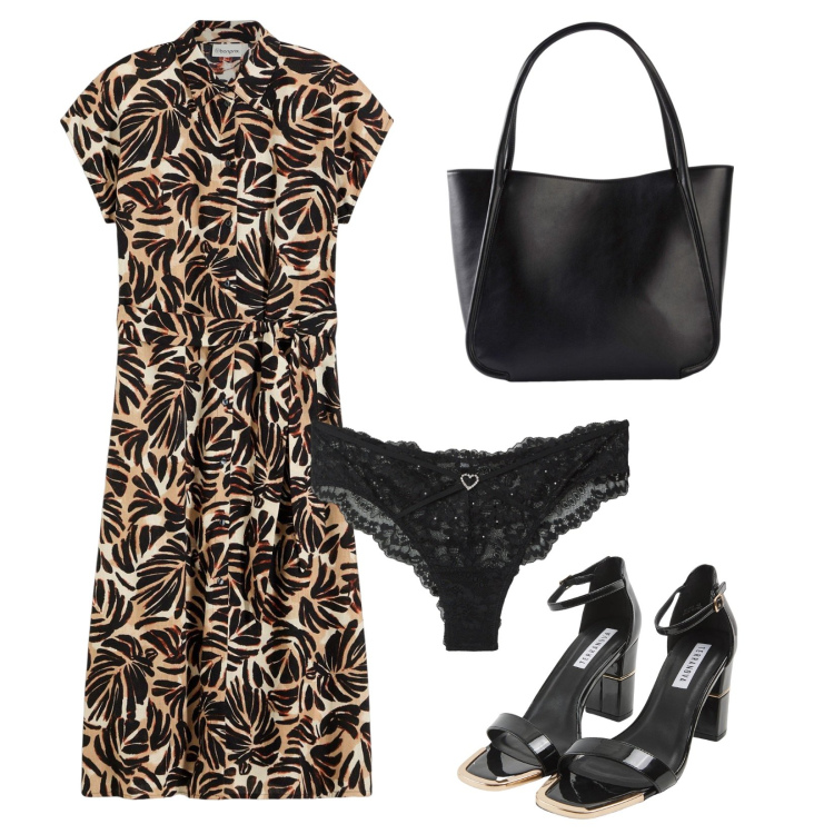 Outfit donna - Savana. Stile Etnico per Tutti i giorni. Abbinamento con shopping bag, vestiti midi/longuette, sabot, culotte.