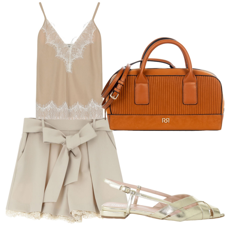 Outfit donna - Aperitivo. Stile Trendy per Tutti i giorni. Abbinamento con borse a mano, shorts, sandali, top.