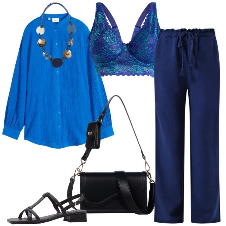Outfit donna - Total look #2211102. Stile Basic per Tutti i giorni. Abbinamento con camicie, sandali col tacco, reggiseni, pantaloni a palazzo, pochette, collane.