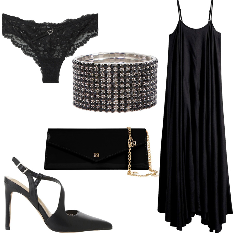 Outfit donna - Total look #2211103. Stile Glamour per Serata fuori. Abbinamento con vestiti lunghi, culotte, pochette, décolleté, braccialetti.