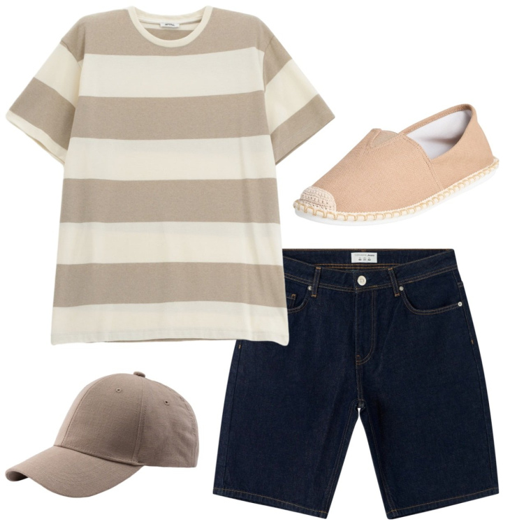 Outfit uomo - Aperitivo. Stile Casual per Tutti i giorni. Abbinamento con bermuda, espadrillas, t-shirt, cappelli con visiera.