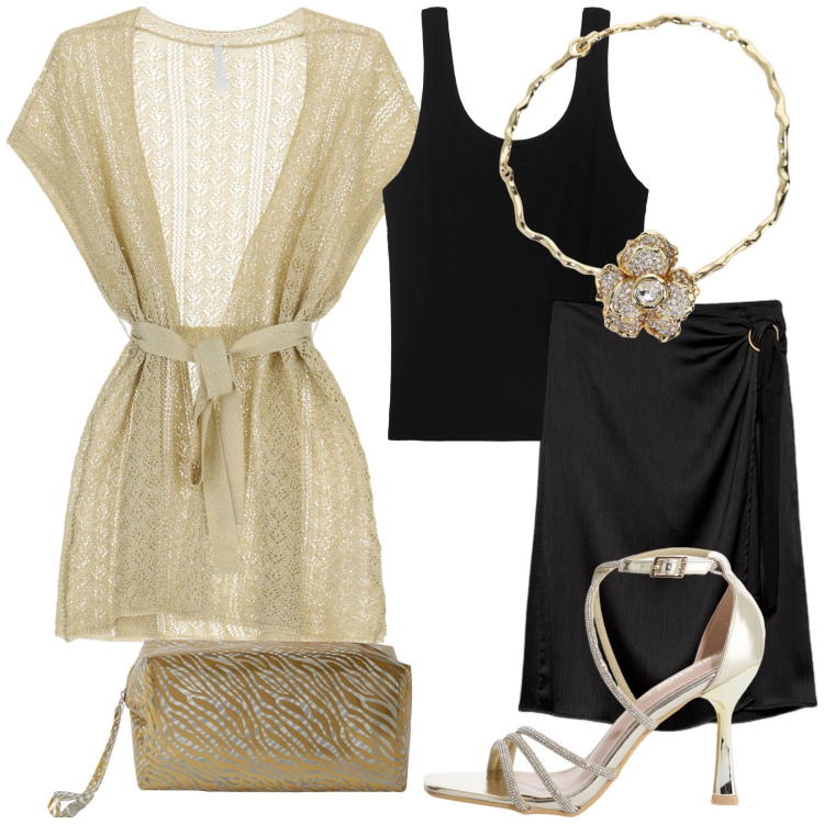 Outfit donna - Total look #2211107. Stile Glamour per Serata fuori. Abbinamento con pochette, cappotti, sandali col tacco, collane, gonne longuette, canottiere.