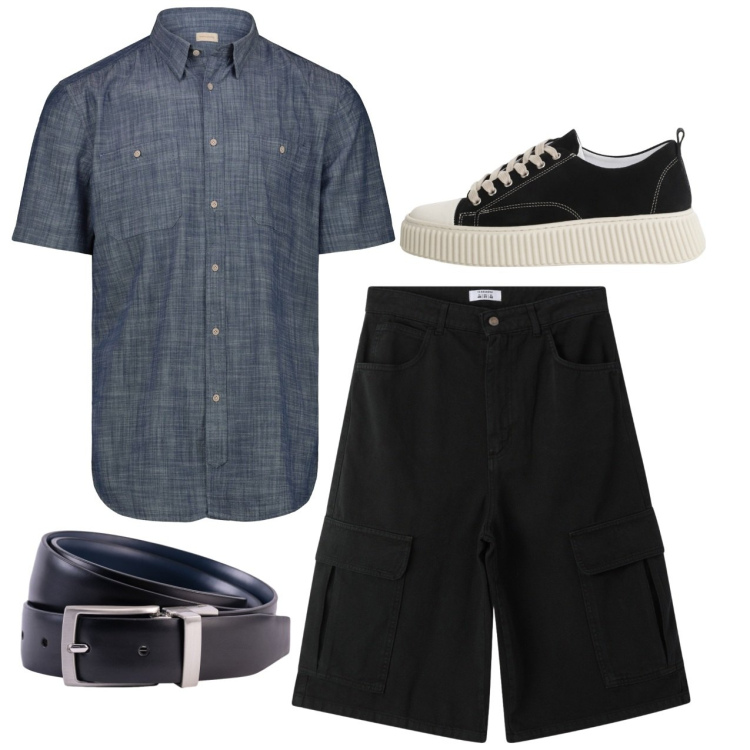 Outfit uomo - Blu e nero. Stile Casual per Serata speciale. Abbinamento con bermuda, sneakers, camicie a manica corta, cinture.