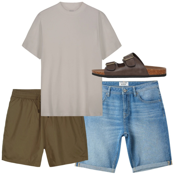 Outfit uomo - In spiaggia. Stile Casual per Mare. Abbinamento con bermuda, sandali, costumi, t-shirt.