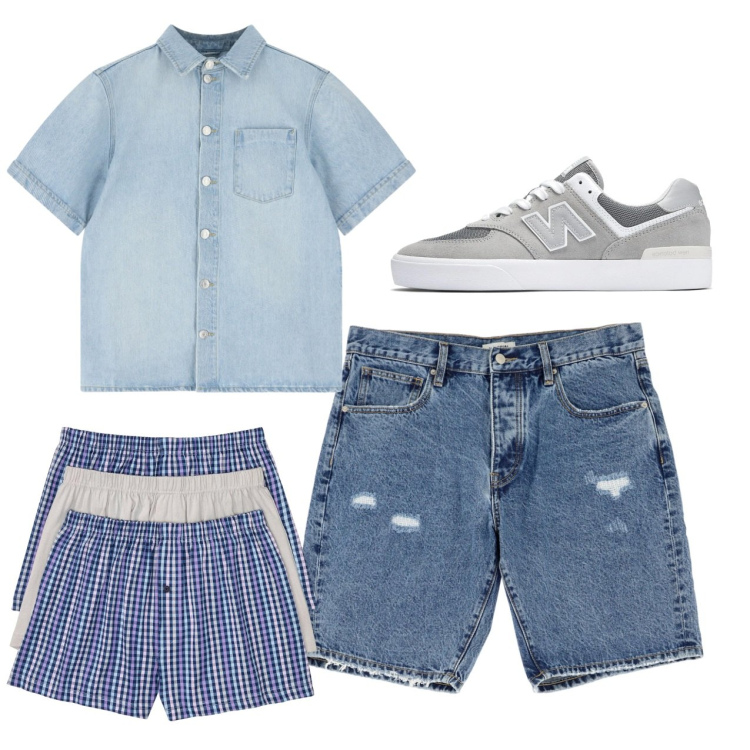 Outfit uomo - Tris. Stile Casual per Tutti i giorni. Abbinamento con boxer, sneakers, bermuda, camicie a manica corta.