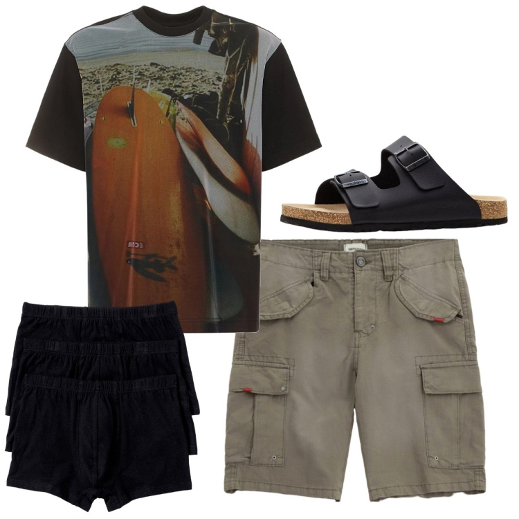 Outfit uomo - Dark city. Stile Urban per Tutti i giorni. Abbinamento con boxer, sandali, bermuda, t-shirt.