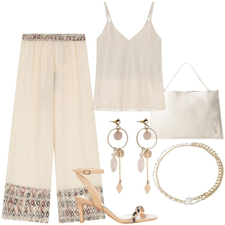 Outfit donna - Giornate estive. Stile Minimal per Tutti i giorni. Abbinamento con orecchini, sandali in pelle, pantaloni, borse a spalla, top, braccialetti.