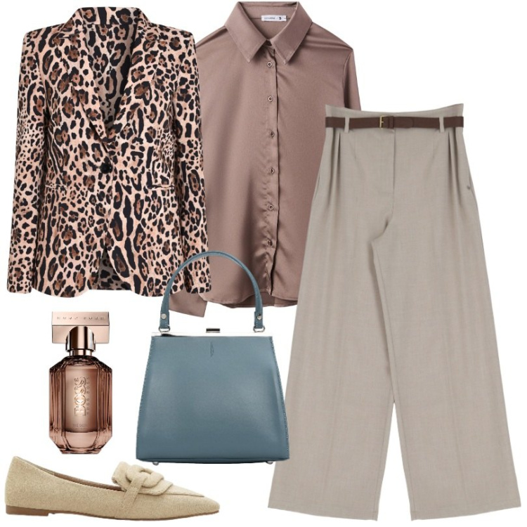 Outfit donna - Linea morbida ed elegante. Stile Chic per Ufficio. Abbinamento con mocassini, profumi, camicie, blazer, pantaloni, clutch.