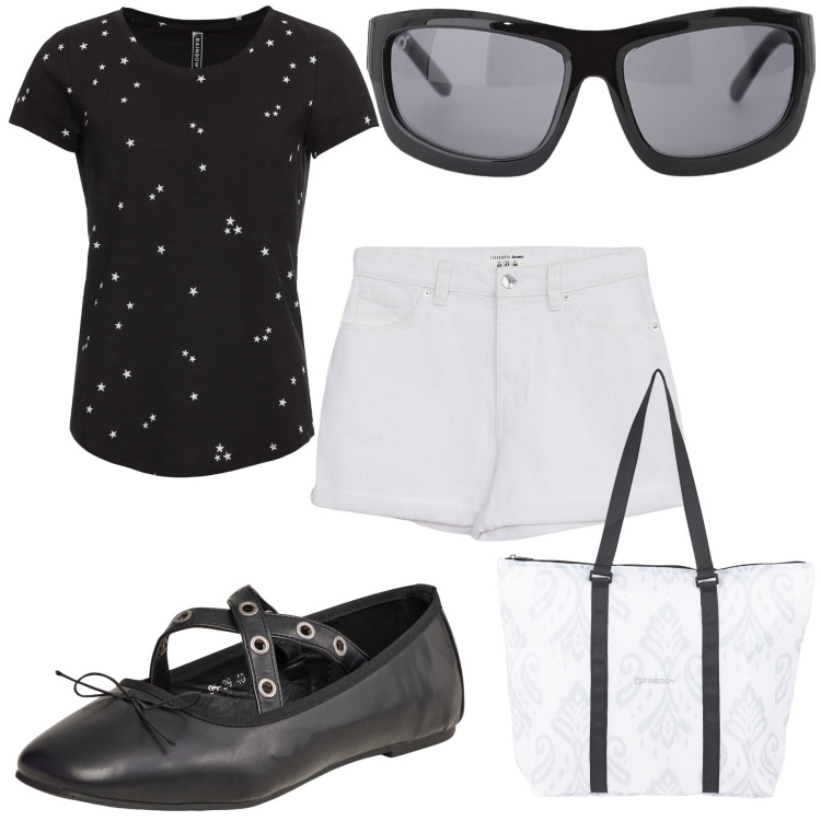 Outfit donna - B and W. Stile Basic per Tutti i giorni. Abbinamento con maglieria, ballerine, shorts, occhiali da sole, shopping bag.