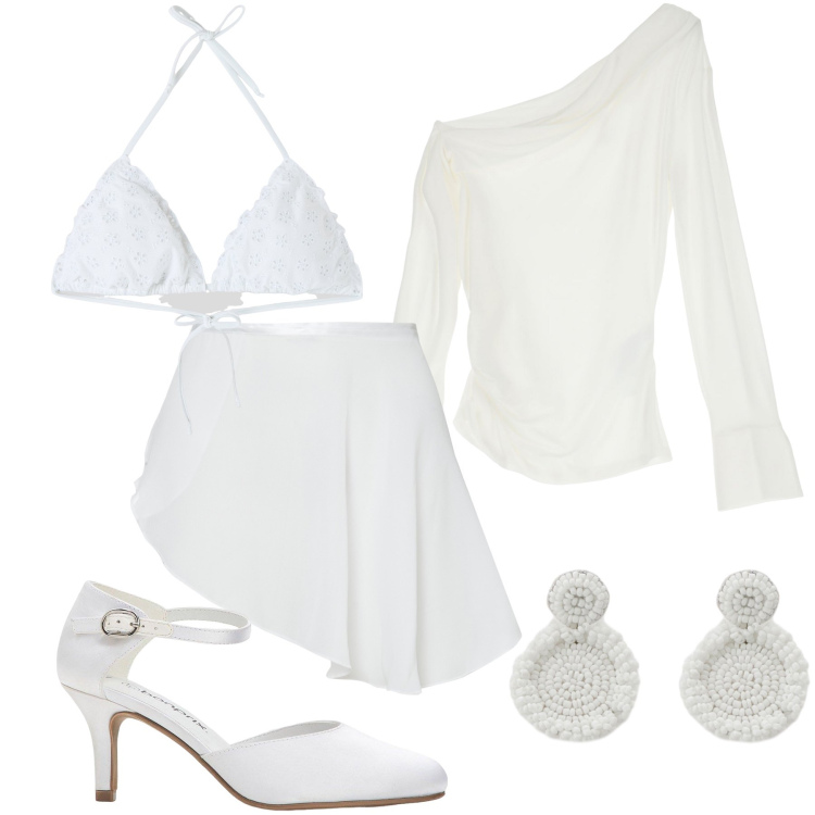 Outfit donna - Notte bianca al mare. Stile Glamour per Mare. Abbinamento con décolleté, bikini, maglieria, orecchini, minigonne.