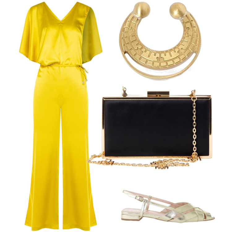 Outfit donna - Il sole di sera. Stile Trendy per Serata fuori. Abbinamento con tute, pochette, sandali, orecchini.