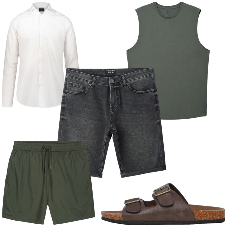 Outfit uomo - Total look #2211143. Stile Trendy per Mare. Abbinamento con bermuda, canottiere, sandali, camicie, costumi.
